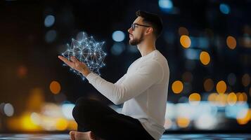 A man sitting in a lotus position with a glowing network photo
