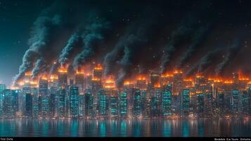 A city with smoke coming out of the water photo