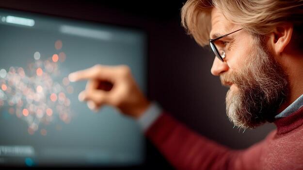 A man with a beard and glasses is pointing at a computer screen photo