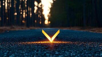 The v logo on the road in the middle of the forest photo