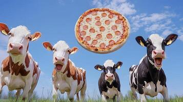 A group of cows standing in a field with a pizza photo