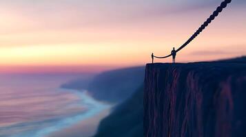 A man standing on a rope over the edge of a cliff photo