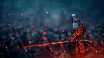 A samurai warrior with a sword in front of a crowd photo