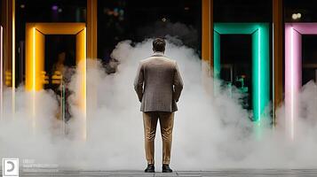 A man standing in front of a building with smoke coming out of the doors photo