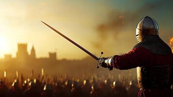 A man in armor holding a sword in front of a crowd photo