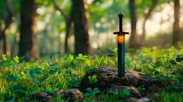 A sword is sitting on a rock in the middle of a forest photo