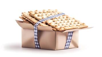 A box with crackers wrapped in a checkered ribbon photo