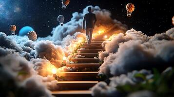 A man walking up a set of stairs in the clouds with hot air balloons photo