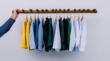 A person holding a wooden rack with several shirts hanging photo