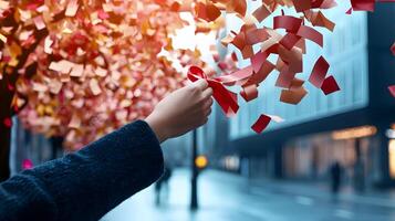 A person is holding a red ribbon in the air with paper falling from the tree photo