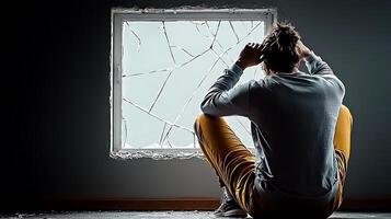 A man sitting on the floor looking out a broken window photo