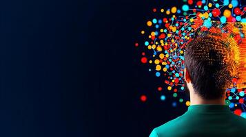 A man is looking at a colorful brain photo