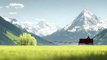 A person sitting on a bench in front of a mountain range photo