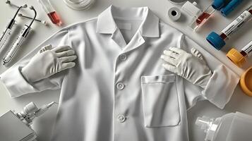 A white lab coat and gloves are on a table photo