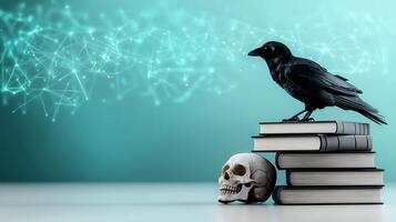 A crow sits on top of a pile of books and a skull photo