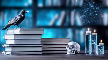 A crow sits on top of a stack of books photo