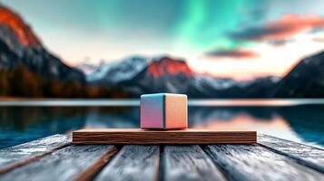 A cube sitting on a wooden platform in front of a lake photo