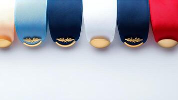A row of colorful ribbons with gold buttons photo