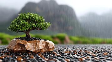 A bonsai tree is growing on a rock in the rain photo