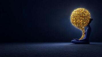 A man sitting in a lotus position with a golden ball on his head photo