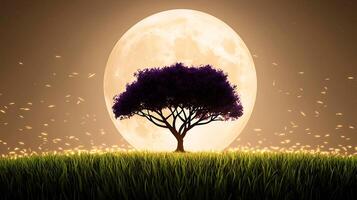 A tree is standing in front of a full moon photo