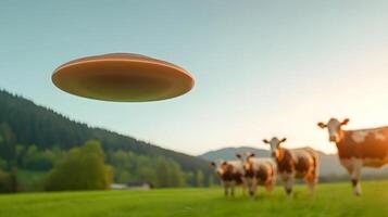 A flying object is flying over a field of cows photo