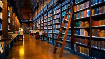 A long row of bookshelves in a library photo
