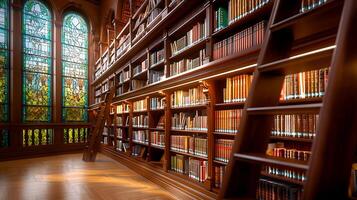 A library with a large window and a ladder photo