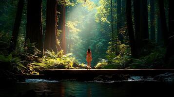 A woman standing on a wooden bridge in a forest photo