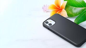A black iphone case with flowers and a leaf photo