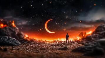 A man standing in front of a crescent moon in the sky photo