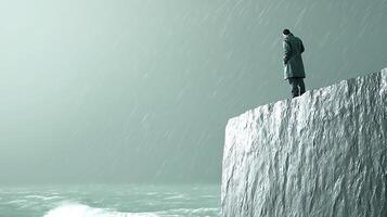 A man standing on a cliff looking out over the ocean photo