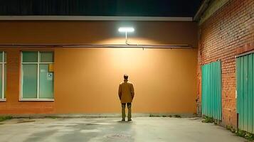A man standing in an empty parking lot at night photo