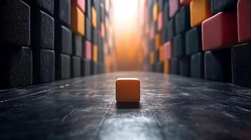 A cube is standing in front of a wall with a light shining through it photo