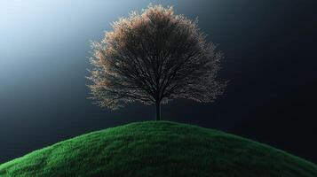 A tree on top of a hill with a bright light shining down photo