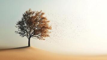 A lone tree in the desert with sand blowing in the wind photo