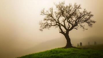 A lone tree stands on a hill in the fog photo