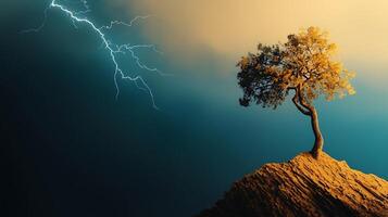 A lone tree on top of a mountain with lightning photo