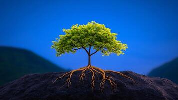 Tree with roots on rock with mountains in background photo