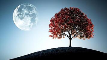 A tree with a red leaf and a full moon photo