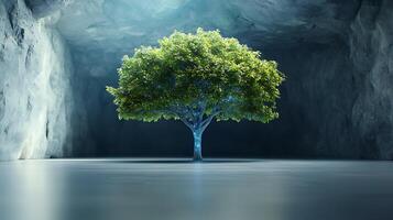 A tree is standing in a cave with light coming from the top photo