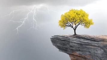 A tree is standing on a cliff with a lightning bolt photo