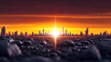 An image of a city with a sunset in the background photo