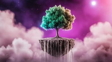 A tree floating in the air with clouds and stars photo