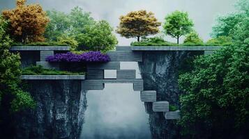 A bridge over a waterfall with trees and flowers photo