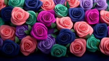 Colorful roses are arranged in a row on a dark background photo