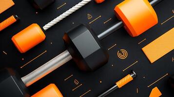 A black and orange background with a bunch of dumbbells photo