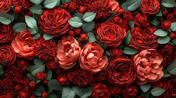 A large group of red roses and green leaves photo