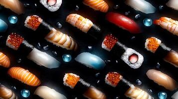 A collection of sushi rolls on a black background photo