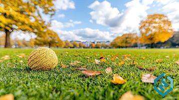 A yellow crocheted ball sits on the grass in front of a park photo